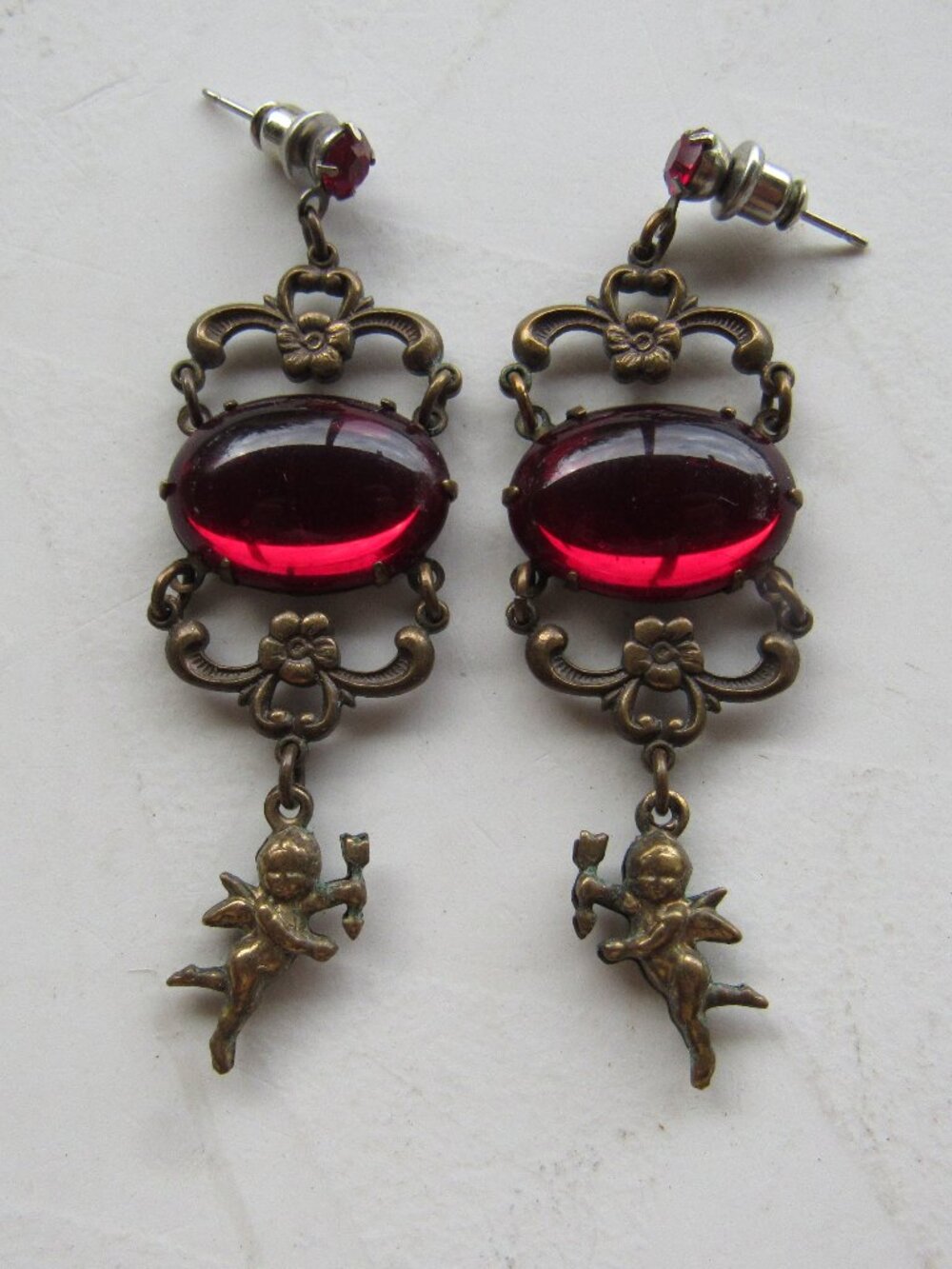 Vintage Cherub Red Glass Dangle Earrings